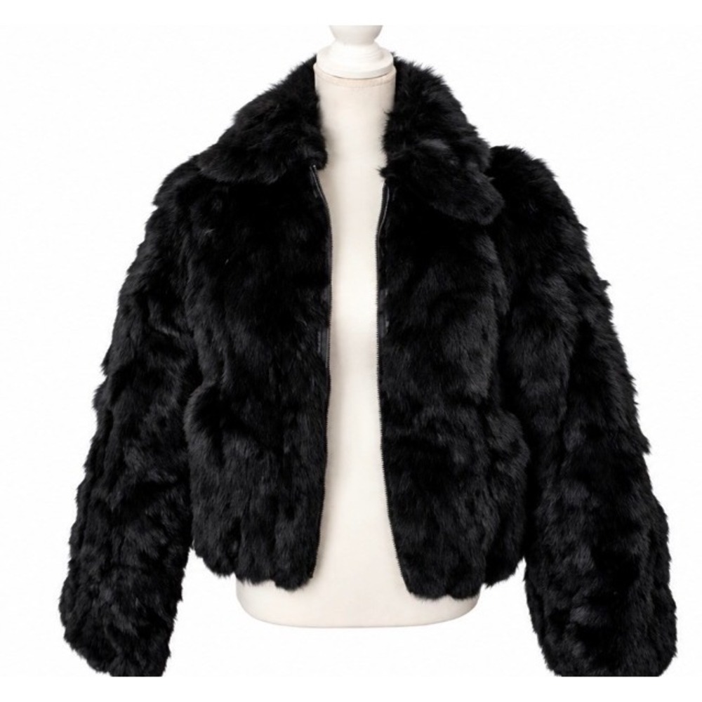 Vintage Black Rabbit Fur Zip Up Cropped Jacket Collared Women Luxe Coat